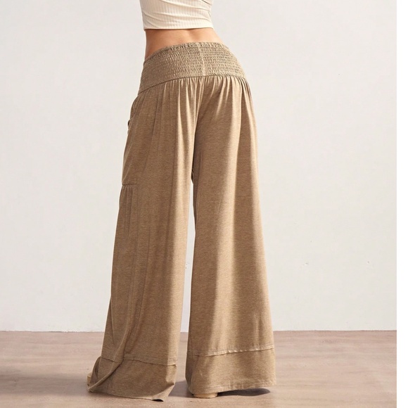Solid Tan Stretchy Waist Pockets Wide Leg Lonuge Pants - Picture 5 of 8